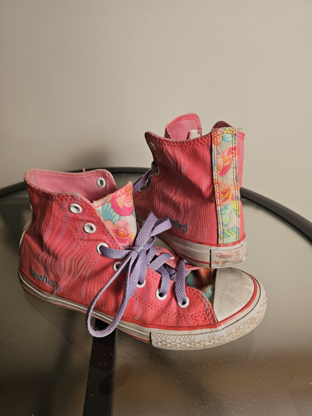 Converse Kids Pink High-Top Sneakers with Purple Laces and Floral Heel